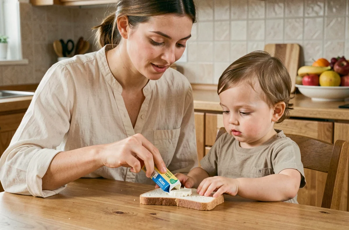 Mère préparant une tartine de fromage Kiri pour son bébé dans une cuisine familiale chaleureuse
