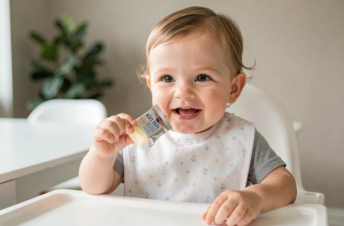 Bébé en chaise haute tenant un triangle de fromage Kiri, illustrant l'introduction des produits laitiers