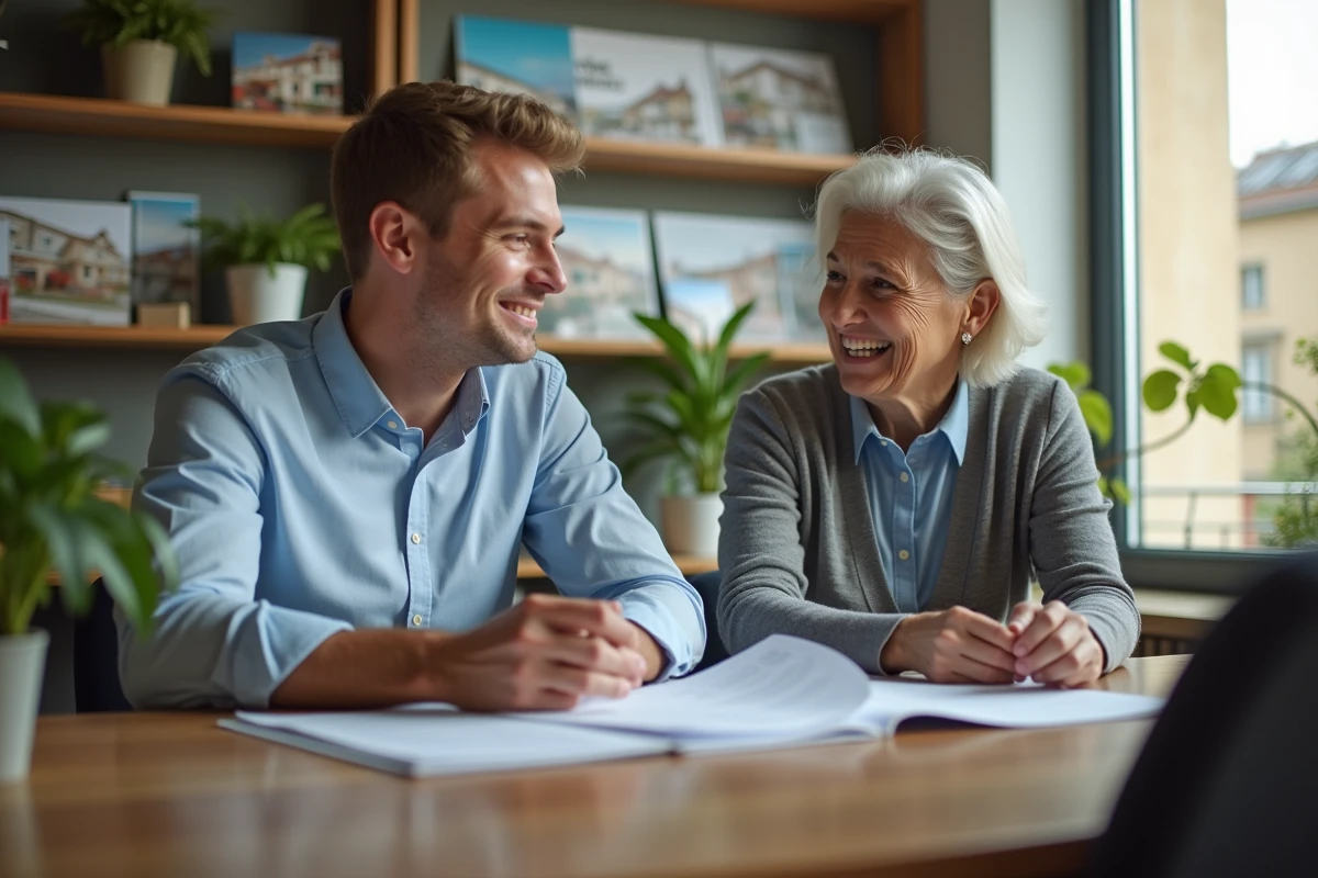 Jeune agent immobilier discutant avec une cliente dans un bureau à Montauban