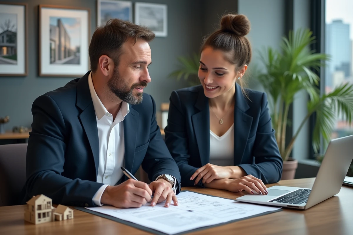 Agent immobilier et cliente signant un contrat d'achat immobilier dans une agence professionnelle
