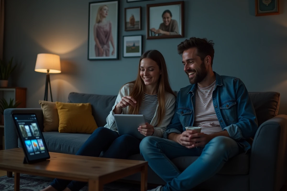 Deux amis choisissant un film sur une tablette connectée à un service de streaming en soirée