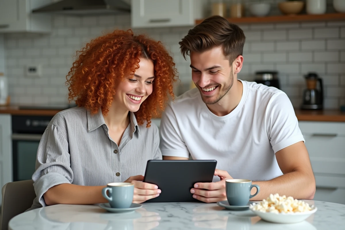 Deux amis partageant une tablette pour regarder ensemble une plateforme de streaming depuis leur cuisine moderne