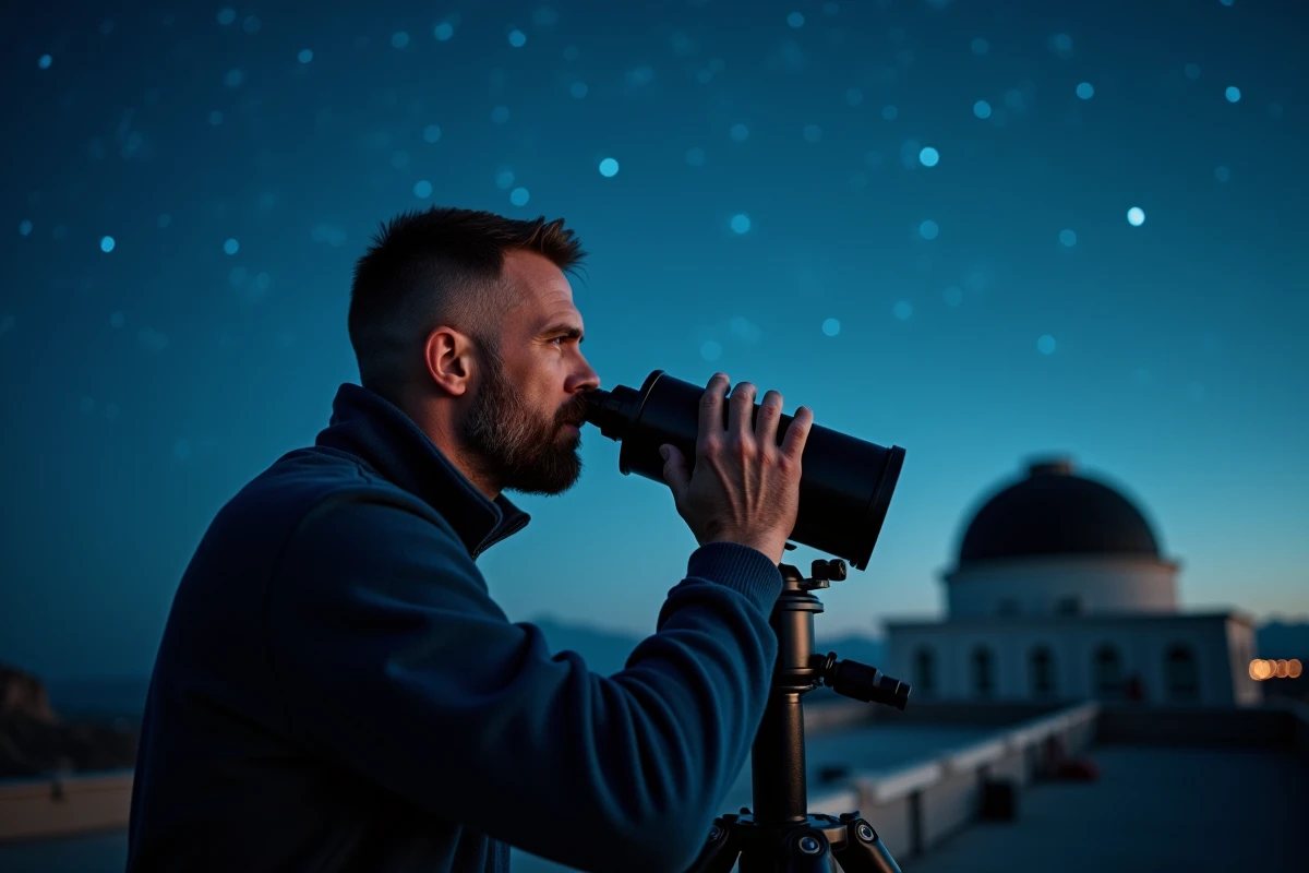 Astronome observant le ciel nocturne à travers un télescope sur le toit d'un observatoire
