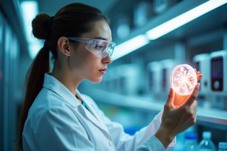 Chercheuse en blouse blanche examinant une boîte de Pétri dans un laboratoire scientifique moderne