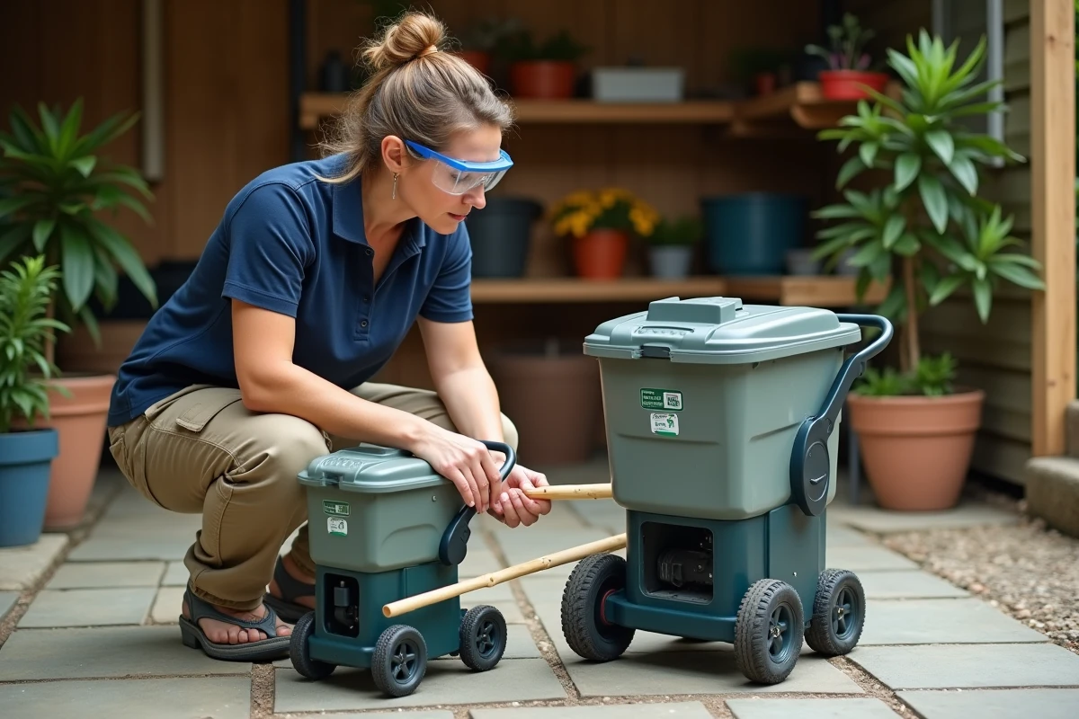 Femme comparant deux modèles de broyeurs de jardin sur une terrasse en pierre avec une canne de bambou comme référence