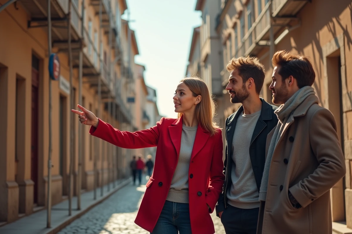 Consultante en construction expliquant renovation aux clients dans la rue