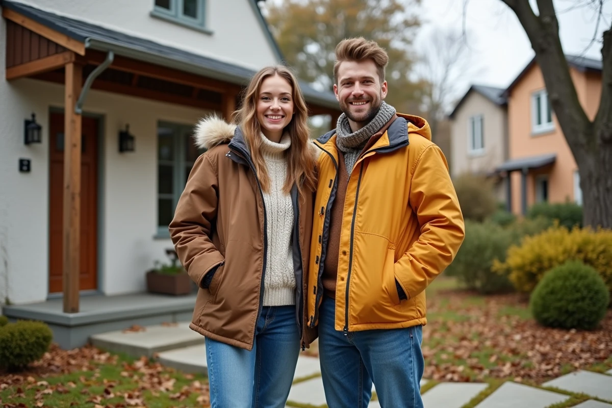 Jeune couple heureux devant une maison rénovée en banlieue