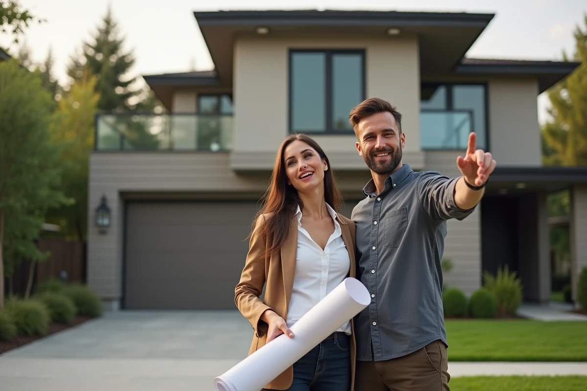 Couple tenant des plans architecturaux devant une maison moderne lors d'un projet immobilier
