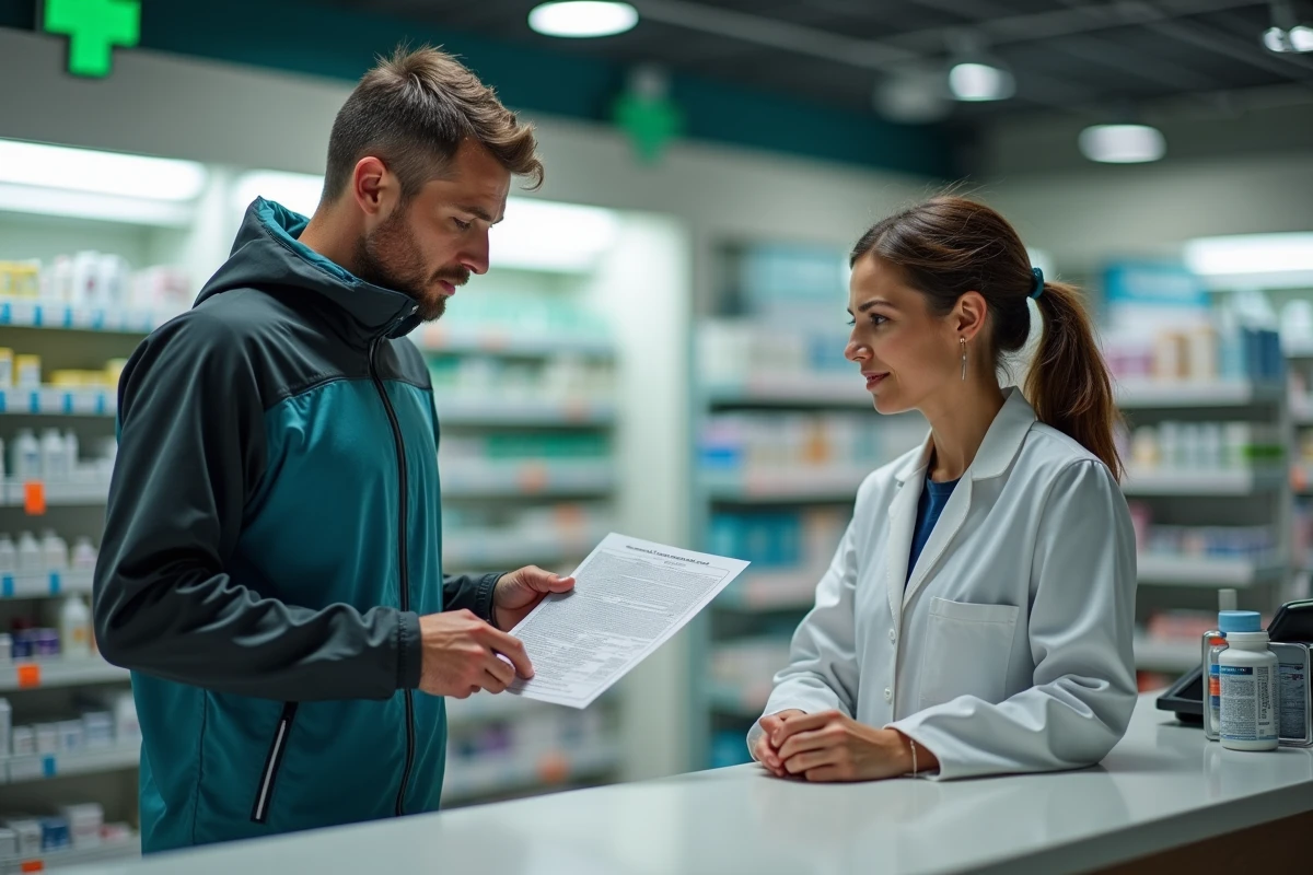 Coureur trail et pharmacienne consultant un certificat médical requis pour l'inscription à la Diagonale des Fous