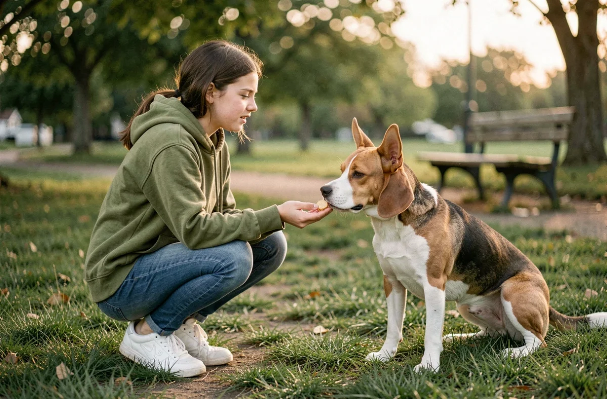 Jeune fille qui offre une friandise à son beagle dans un parc verdoyant en extérieur