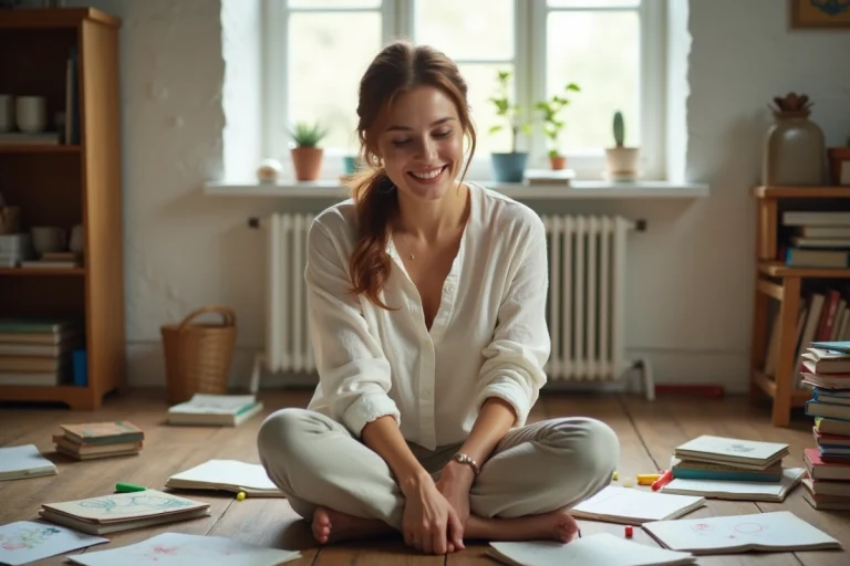 Femme de quarante ans assise sur un parquet en bois entourée de dessins d'enfants et de livres colorés dans un intérieur familial chaleureux