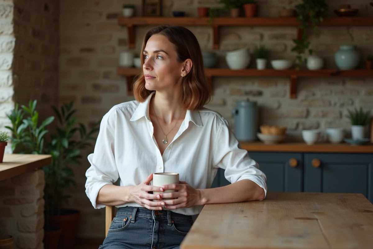 Portrait intimiste d'une femme tenant une tasse de café dans une cuisine rustique en pierre, atmosphère familiale douce et authentique