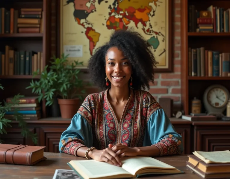 Jeune femme aux origines culturelles métissées entourée de journaux et d'objets culturels africains et asiatiques dans un bureau intime