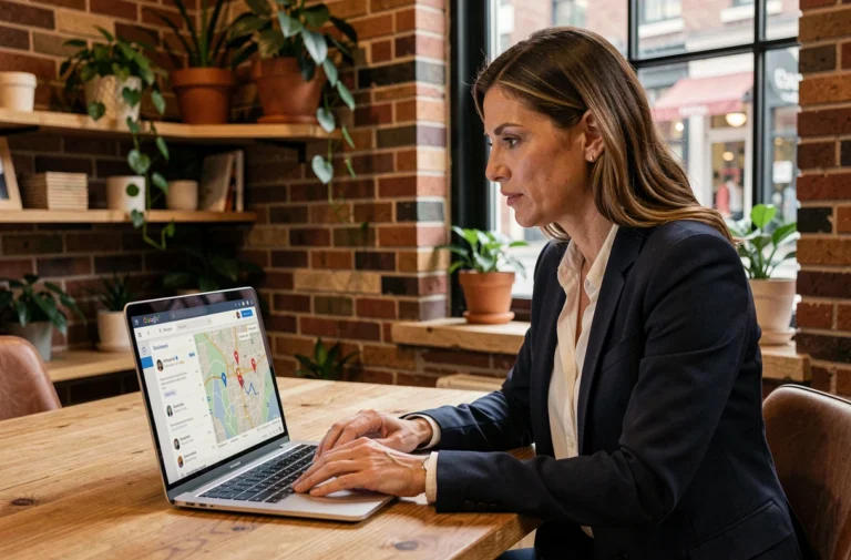 Femme entrepreneur analysant des données de marketing digital local sur son ordinateur portable dans une boutique moderne