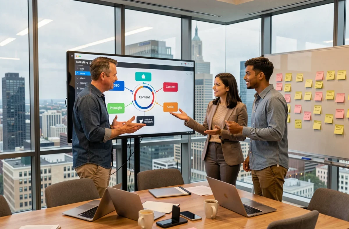 Équipe diversifiée de professionnels du marketing discutant des innovations en stratégie digitale autour d'un écran interactif en salle de réunion