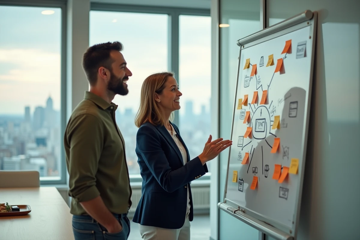 Deux collègues planifiant une stratégie de contenu pour un blog professionnel devant un tableau blanc couvert de notes et de schémas