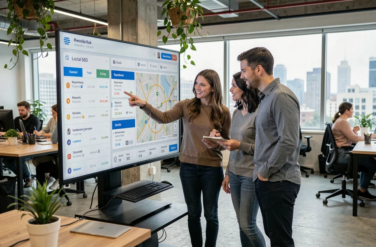Équipe de professionnels collaborant sur une stratégie de marketing digital local autour d'un tableau de bord SEO