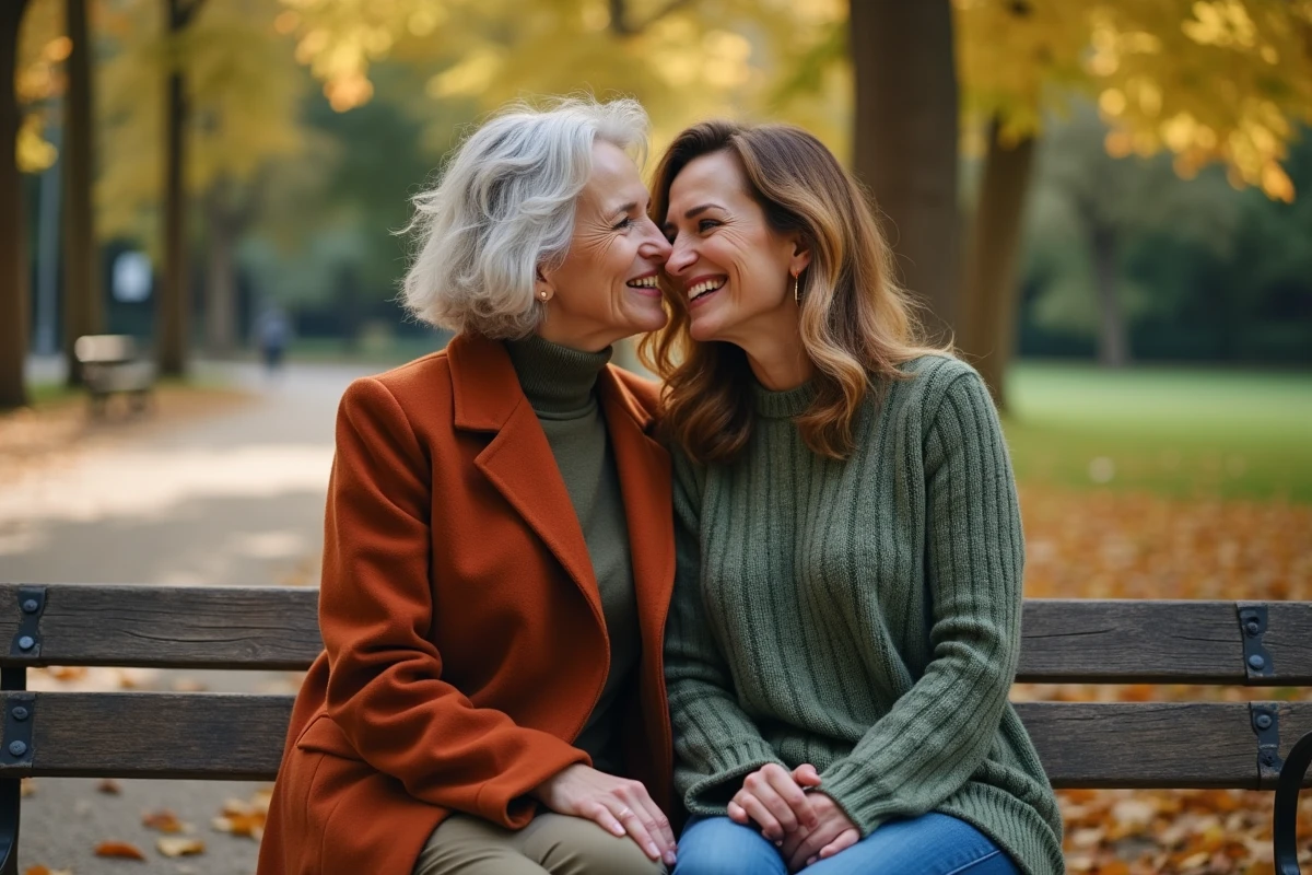 Deux amies françaises riant ensemble sur un banc dans un jardin public parisien en automne, illustration de la complicité féminine et de l'expression familière 'ma belle'