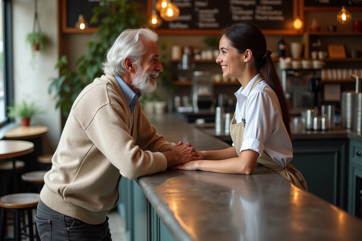 Un homme âgé s'adressant chaleureusement à une jeune serveuse dans un café parisien traditionnel, évoquant l'usage courant de l'expression 'ma belle' en France