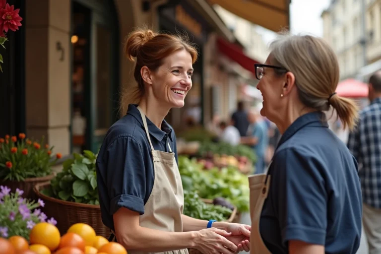 Deux femmes françaises échangeant un sourire chaleureux sur un marché parisien en plein air, illustrant l'expression affectueuse 'ma belle'