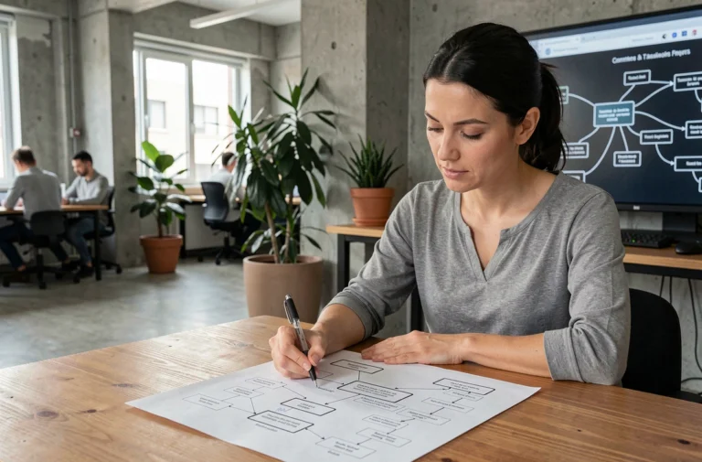 Femme professionnelle annotant un schéma de sitemap imprimé sur un bureau en bois dans un bureau moderne