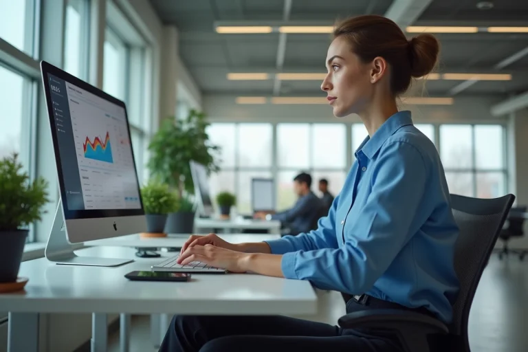 Jeune femme professionnelle analysant des graphiques sur son ordinateur