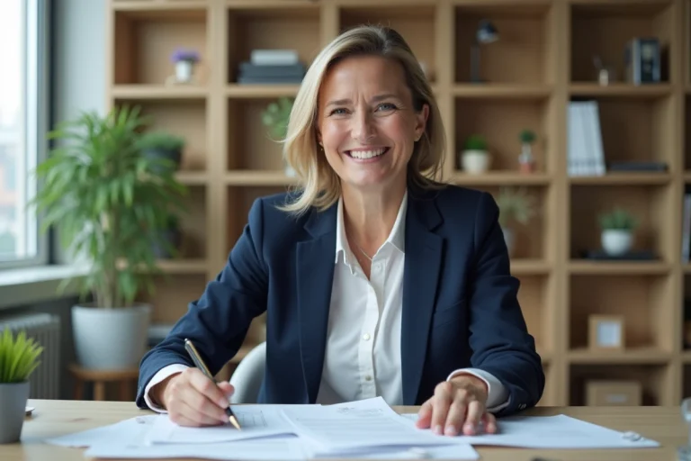 Femme souriante en blazer bleu examine des documents immobiliers