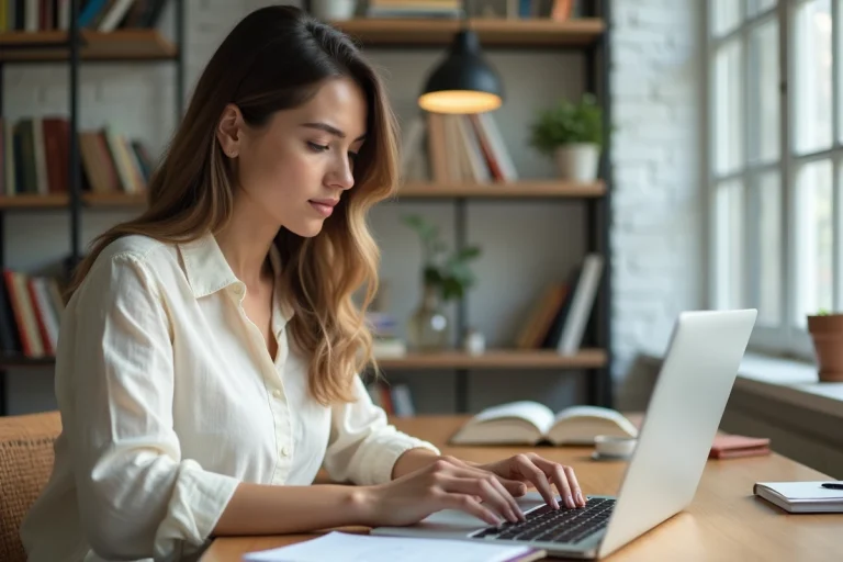 Femme professionnelle travaillant sur son blog depuis un bureau home office moderne avec ordinateur portable et carnet de notes