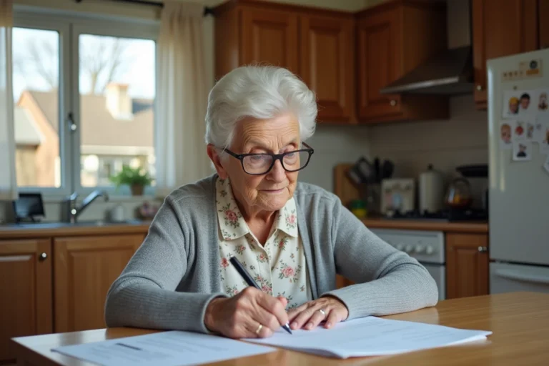 Femme âgée remplissant un formulaire postal dans sa cuisine