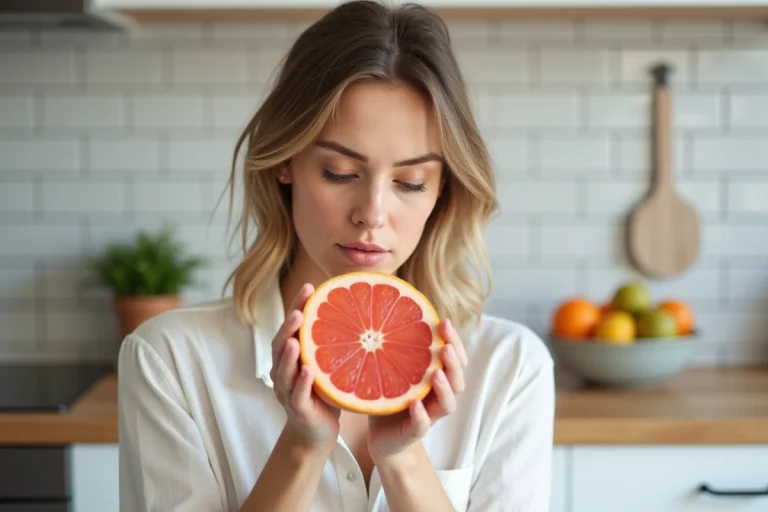Femme tenant un pamplemousse coupé en deux dans une cuisine moderne, fruit détox naturel pour purifier l'organisme