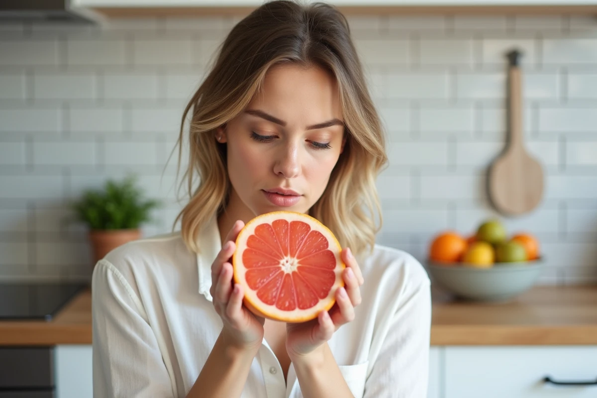 Femme tenant un pamplemousse coupé en deux dans une cuisine moderne, fruit détox naturel pour purifier l'organisme