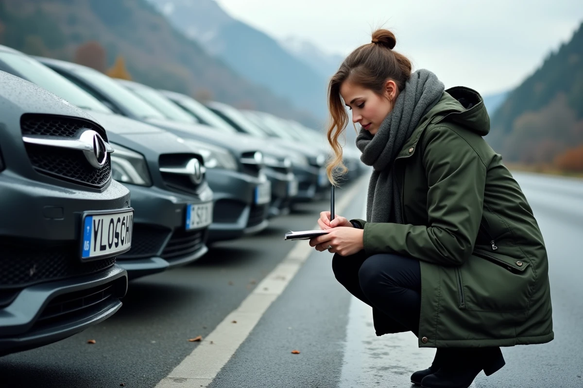 Jeune femme note près de voitures avec plaques européennes