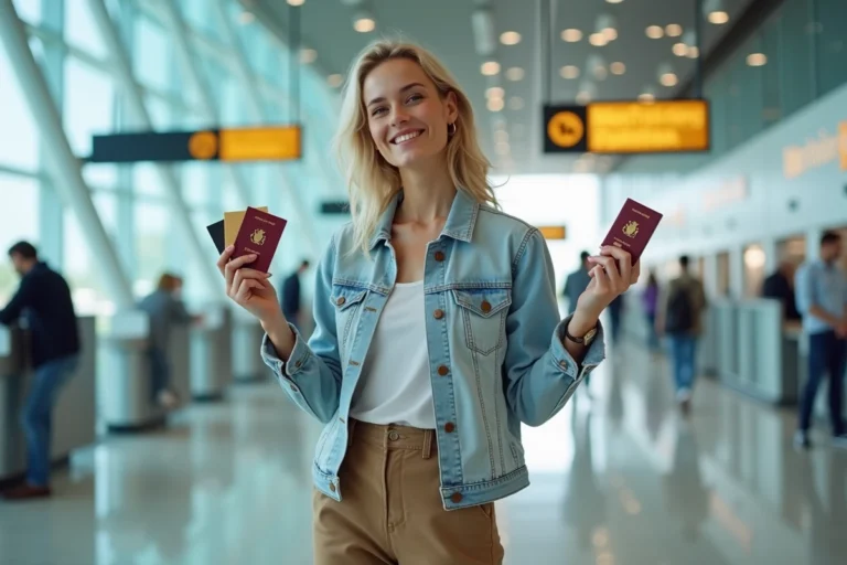 Femme souriante avec passeport et parfums à la frontière