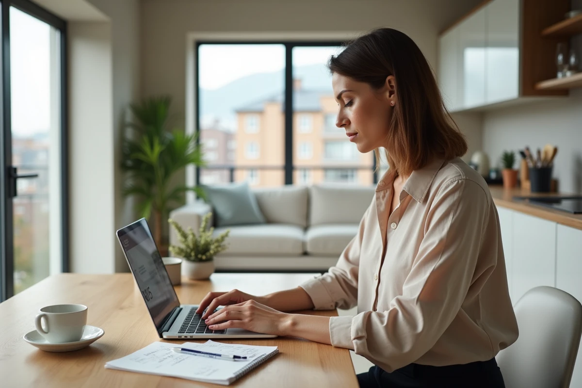 Femme planifiant son projet immobilier avec simulation de prêt sur ordinateur portable dans un appartement rénové