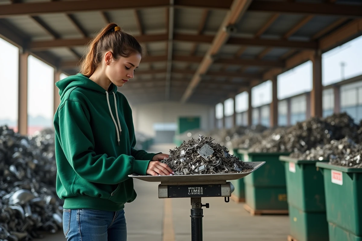 Jeune femme pesant des métaux sur une balance industrielle