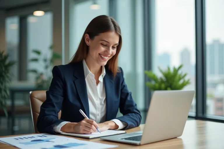 Femme confiante en bureau moderne avec vue urbaine