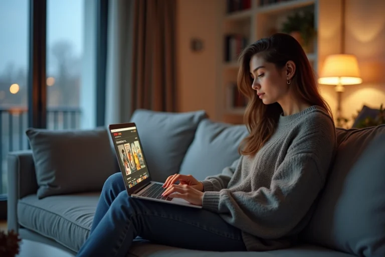 Jeune femme naviguant sur un site de streaming de films depuis son canapé avec un ordinateur portable