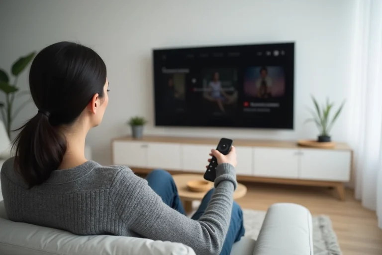 Femme parcourant une plateforme de streaming vidéo sur un grand écran télé dans un salon moderne et minimaliste