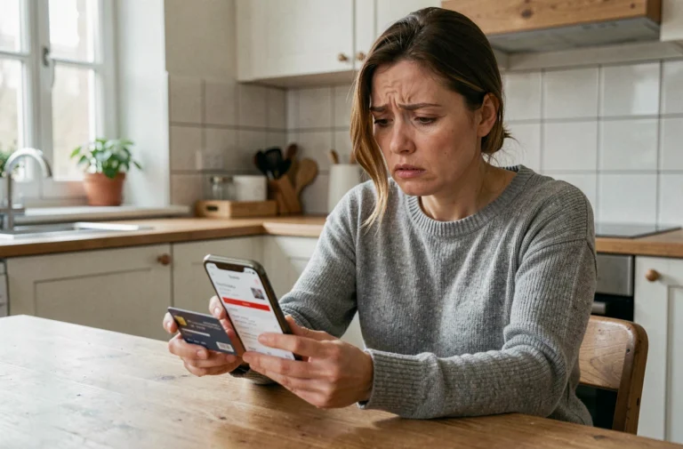 Femme inquiète vérifiant une opération frauduleuse sur son application bancaire Crédit Agricole