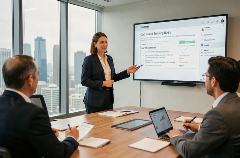 Formatrice professionnelle présentant une offre de formation B2B sur mesure à une équipe en salle de réunion moderne