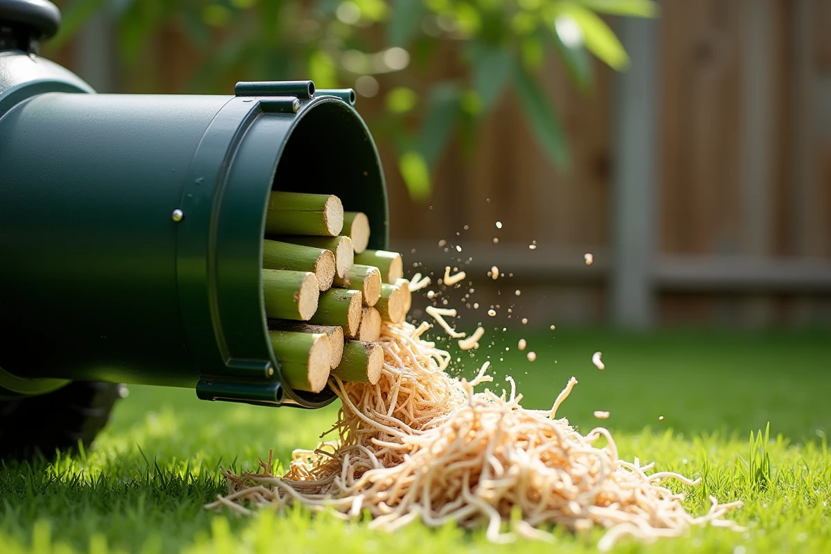 Gros plan d'un broyeur électrique de jardin en action déchiquetant des segments de bambou vert frais