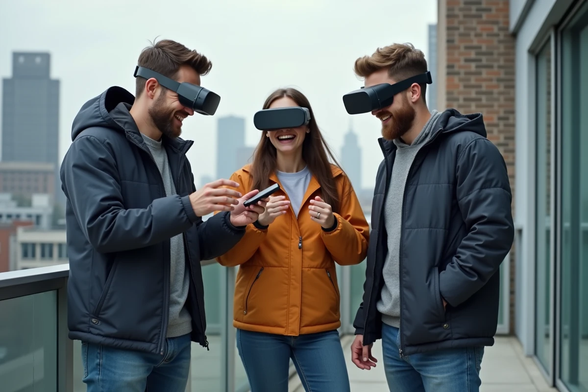 Trois passionnes de technologie avec lunettes AR en ville