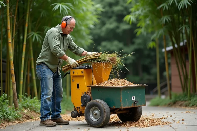 Homme utilisant un broyeur de jardin pour broyer des tiges de bambou épaisses sur une allée résidentielle