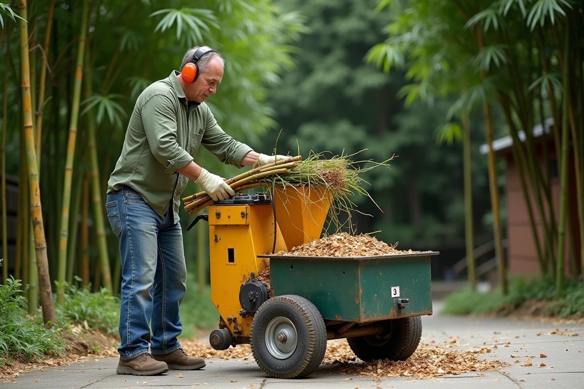 Homme utilisant un broyeur de jardin pour broyer des tiges de bambou épaisses sur une allée résidentielle