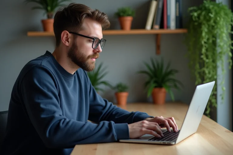 Homme en sweat bleu regardant un site de streaming sur son ordinateur