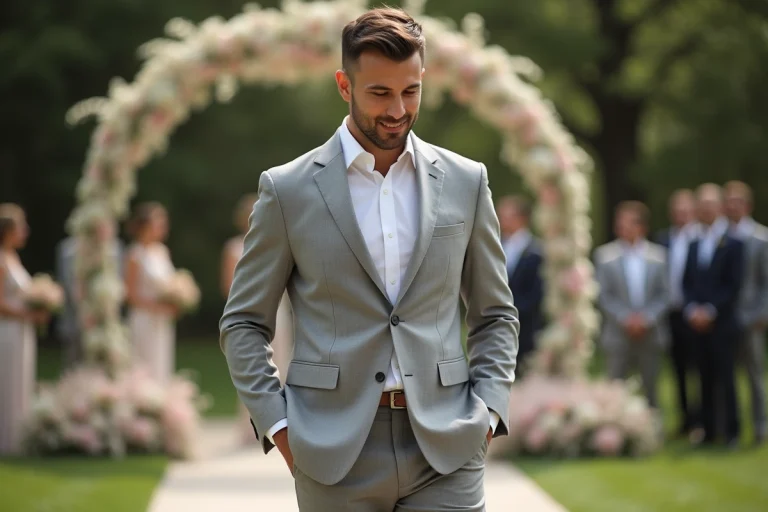 Homme en costume gris clair portant des baskets blanches lors d'un mariage en plein air