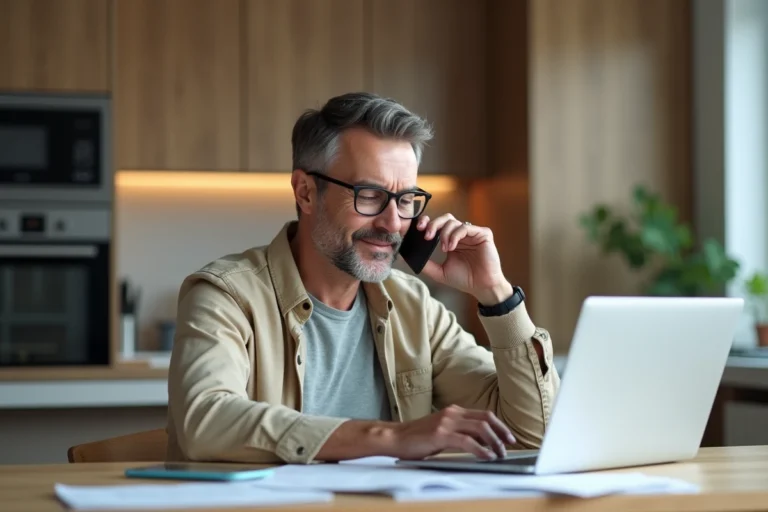 Homme d'âge moyen en cuisine moderne avec téléphone et ordinateur