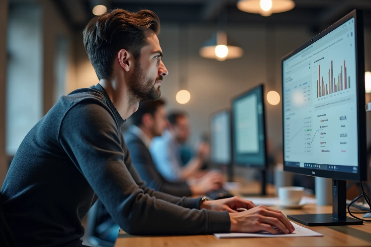 Homme analysant le tableau de bord et les statistiques de son blog professionnel sur un grand écran dans un espace de coworking