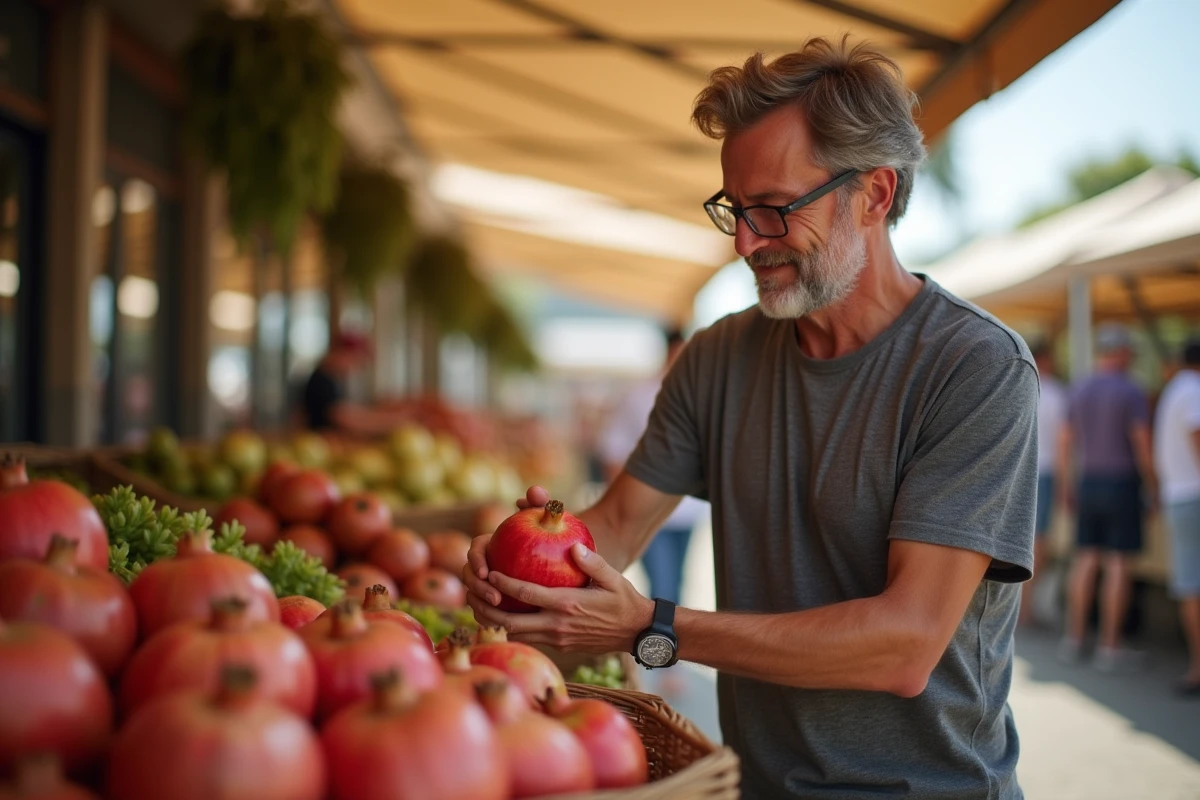 Homme choisissant une grenade rouge au marché fermier, fruit antioxydant puissant pour détoxifier l'organisme naturellement