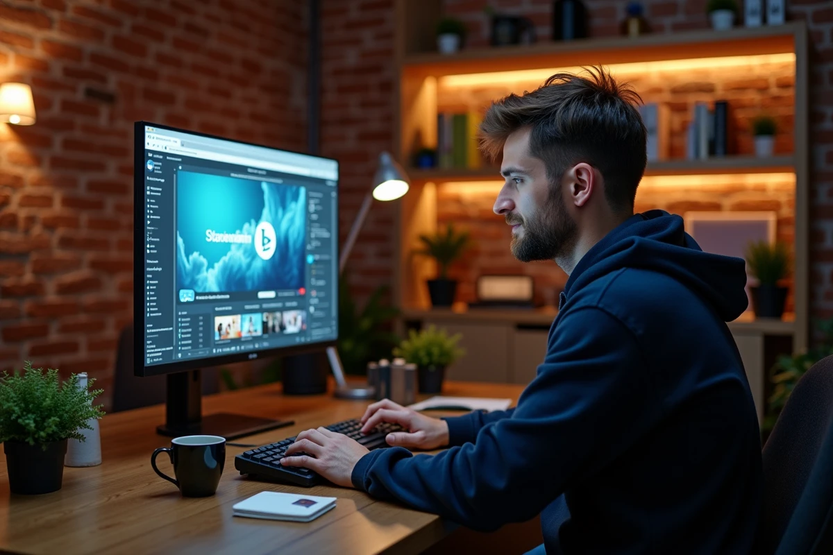 Homme recherchant une adresse de streaming fiable sur son ordinateur de bureau à domicile